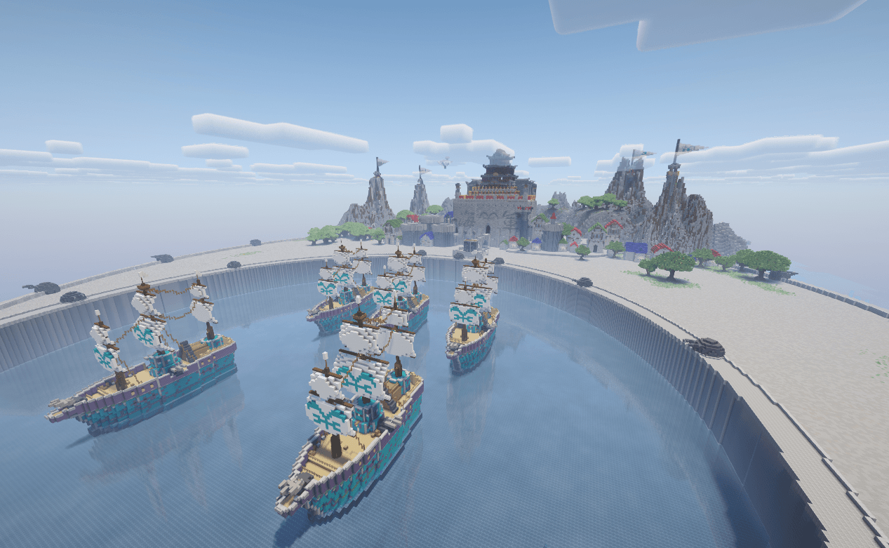Marineford bay, sailing ships and fortress in Minecraft