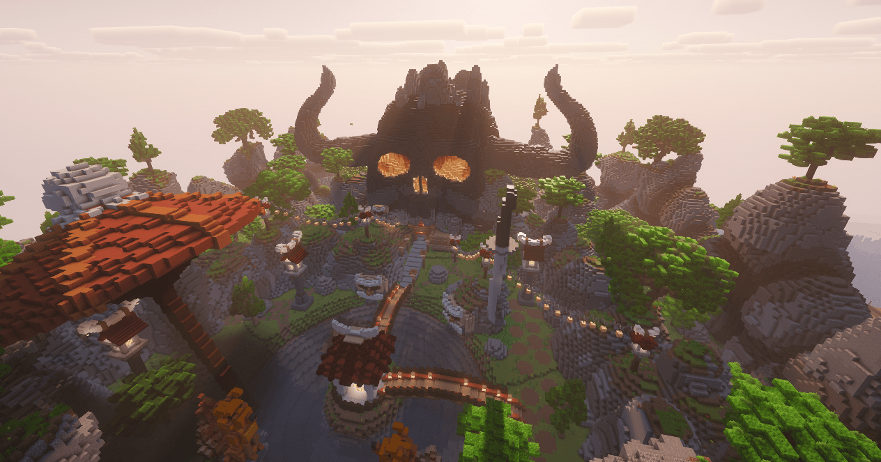 Wano Country buildings and the Onigashima skull in Minecraft